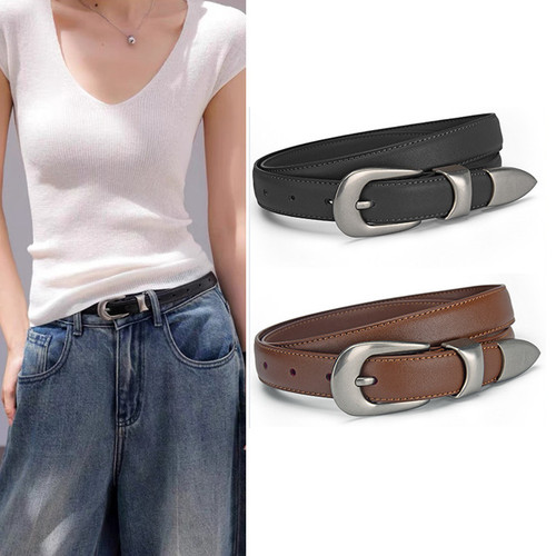 Women's leather belt, genuine leather, slim waist design, vintage-style buckle—perfect for pairing with tailored trousers, offering a simple, casual, and versatile look that complements denim jeans effortlessly.