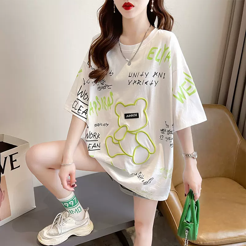 欧货重工小熊短袖t恤女夏装2024新款大码女装宽松韩版中长款上衣