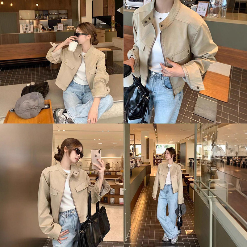 乌77美拉德咖色麂皮绒圆领外套女甜酷风机车服短款小个子夹克上衣|undefined
