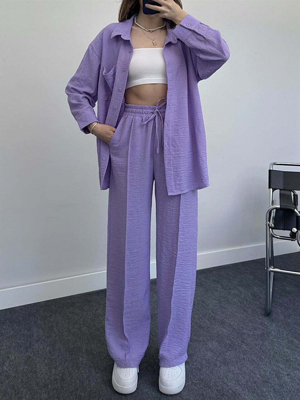 Conjunto de dos piezas para mujer camisa holgada y pantalón_voghion.com