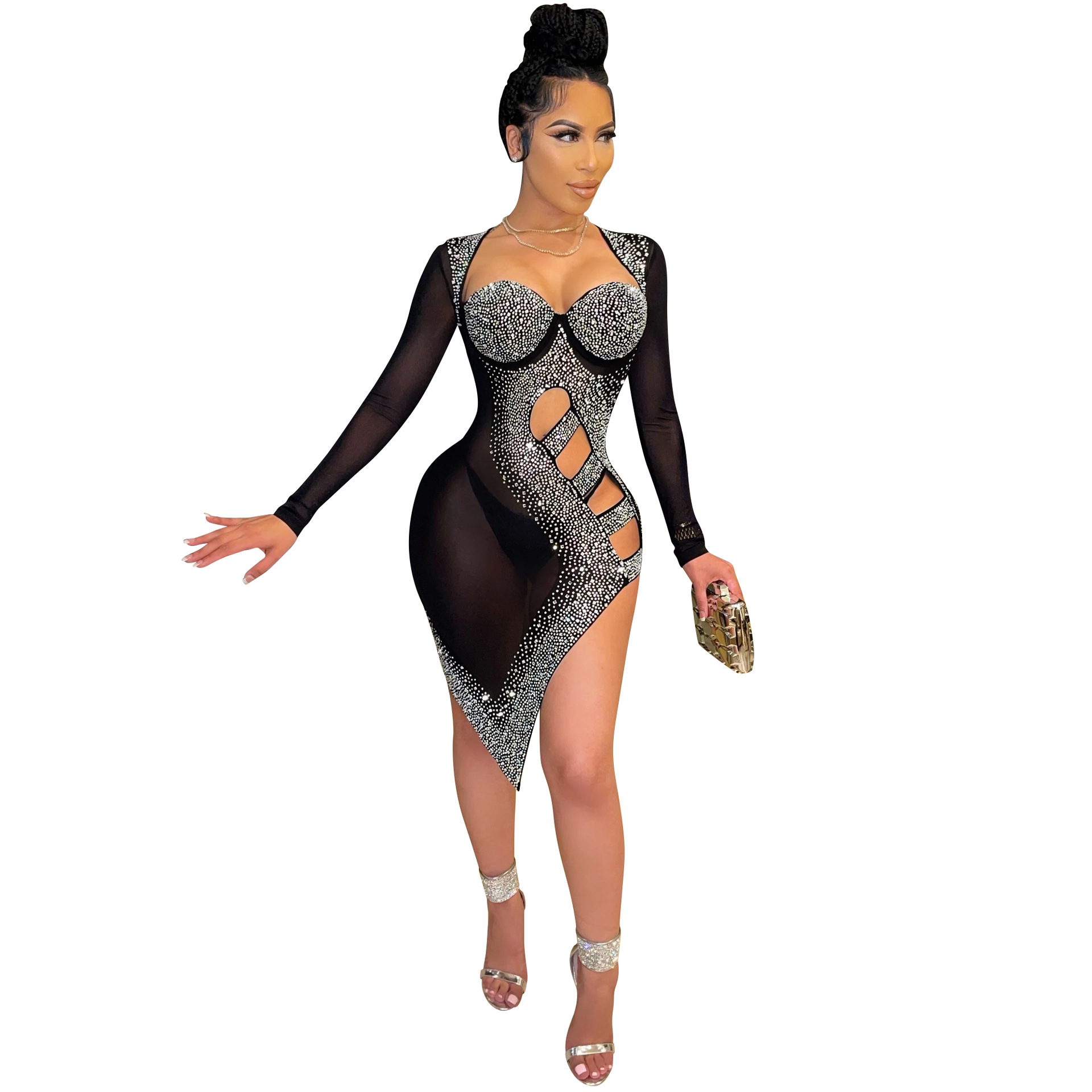 X5207 transfronteriza nueva moda europea y americana ropa de mujer sexy discoteca hueco split malla perspectiva rhinestone vestido image 6
