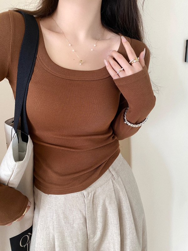 蓝色方领打底衫女装内搭2025新款春夏季正肩显瘦修身长袖恤上衣|undefined