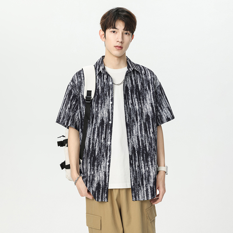 Ice Silk Short-Sleeved Shirt Men's Summer Thin Loose Printed Half-Sleeved Shirt Vacation Ink Casual Top