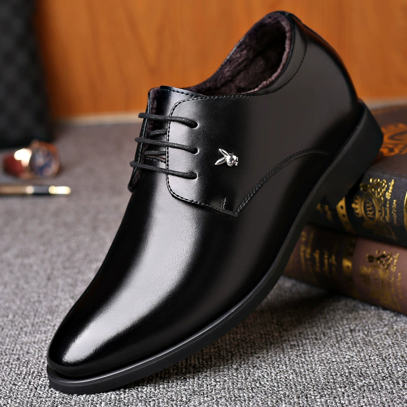 Мужские повседневные кожаные туфли, новые мужские деловые классические кожаные туфли в корейском стиле, на флисовой подкладке для тепла, со скрытым увеличением роста.