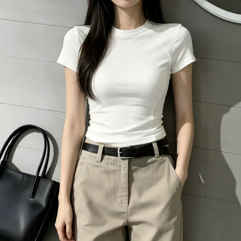 Round Neck, Regular Shoulder, Short Sleeve T-Shirt for Women, Fishbone Short Style Tee, 2026 Summer New Slim Fit Top with a Stylish Design Round Neck, Regular Shoulder, Short Sleeve T-Shirt for Women, Fishbone Short Style Tee, 2026 Summer New Slim Fit Top with a Stylish Design