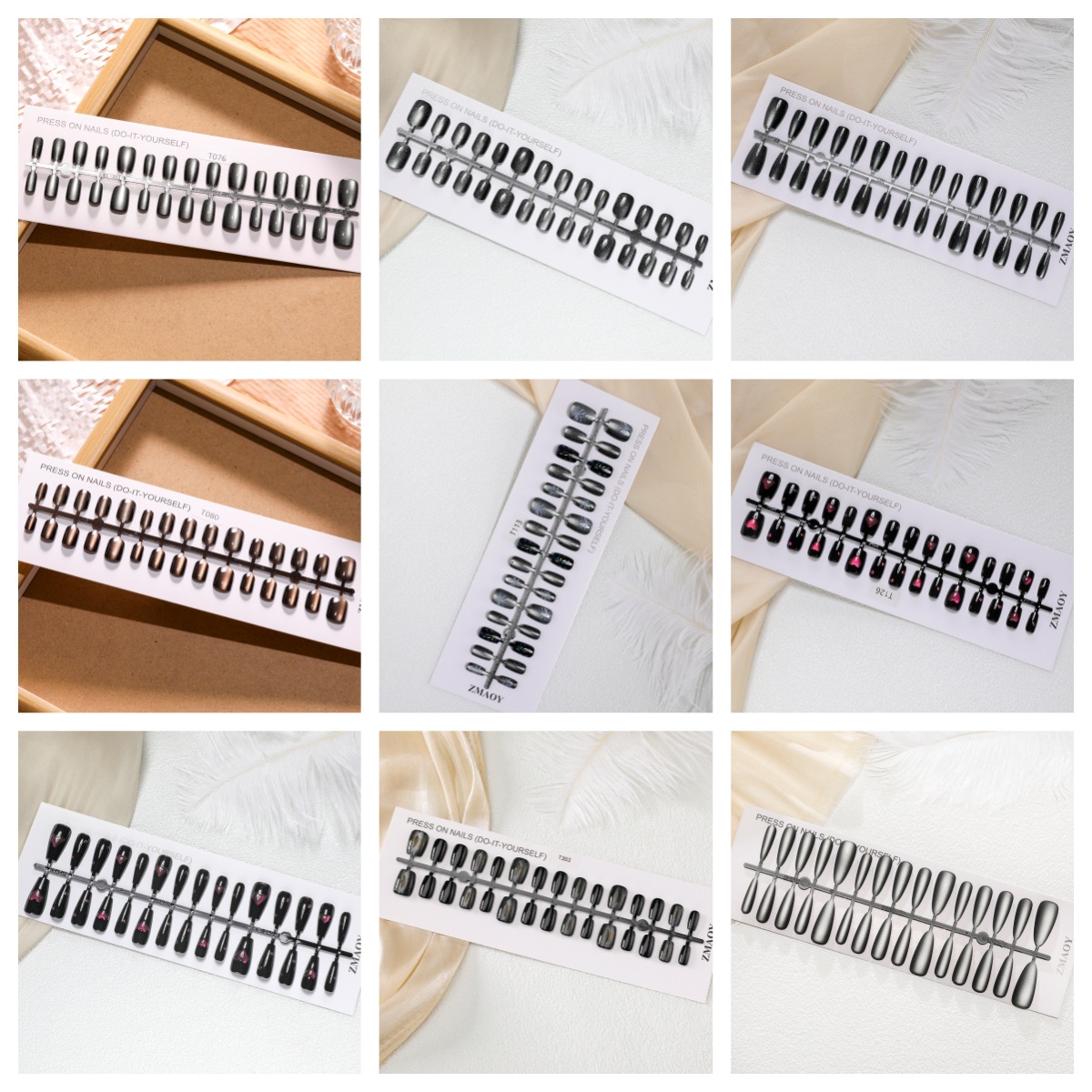 【黑色系】30片分码条装猫眼预制穿戴甲短梯杏仁中梯全码集合