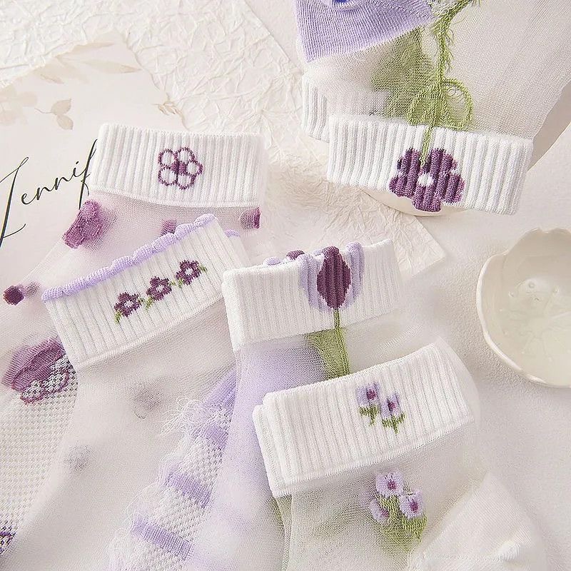 Crystal Socks for Women, Glass Silk Summer Tulip Thin Transparent Short Socks, Japanese Cute Shallow Mouth Ice Silk Boat Socks