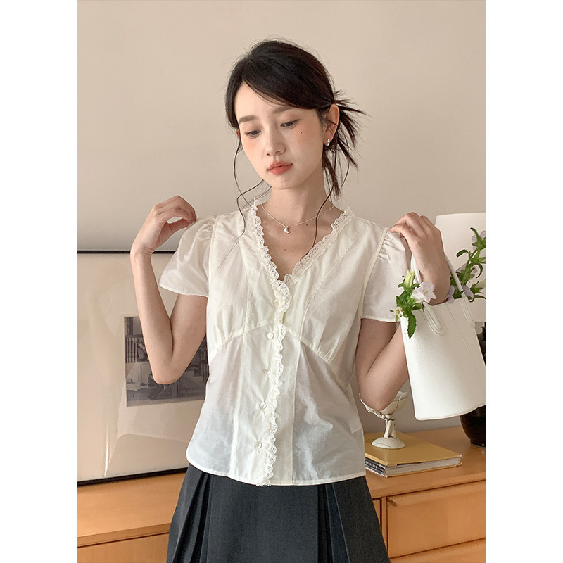 Shirt Super Exquisite Right Shoulder Short Puff Sleeve Lace Shirt Women's Summer Korean Short-Sleeved V Neck Work Clothing 090