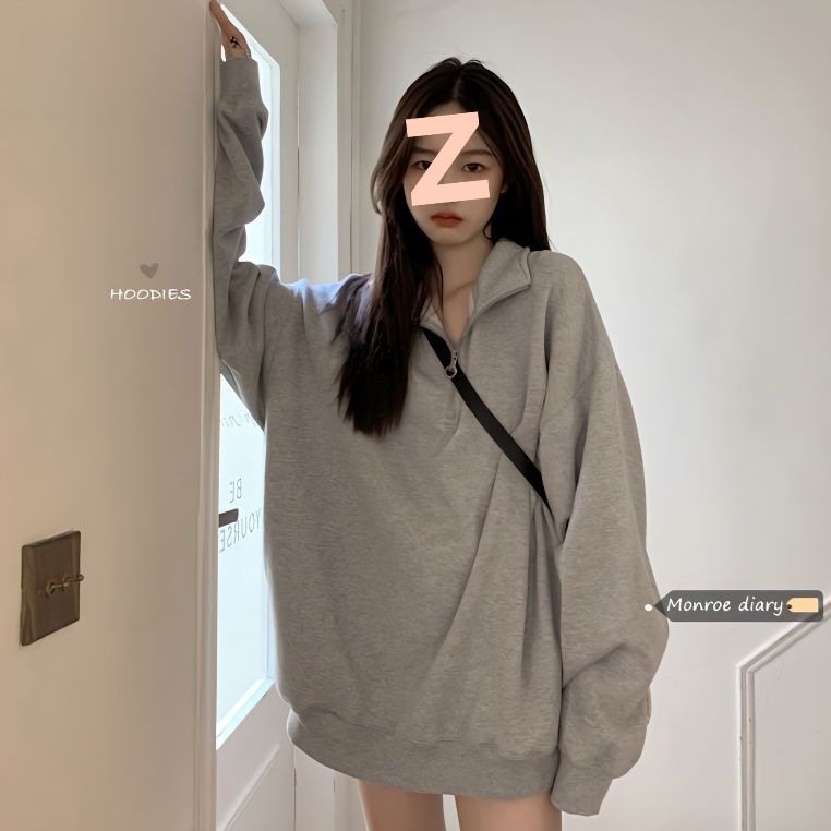 灰色卫衣女秋冬季2025新款慵懒风POLO宽松中长款上衣服ins潮外套|undefined