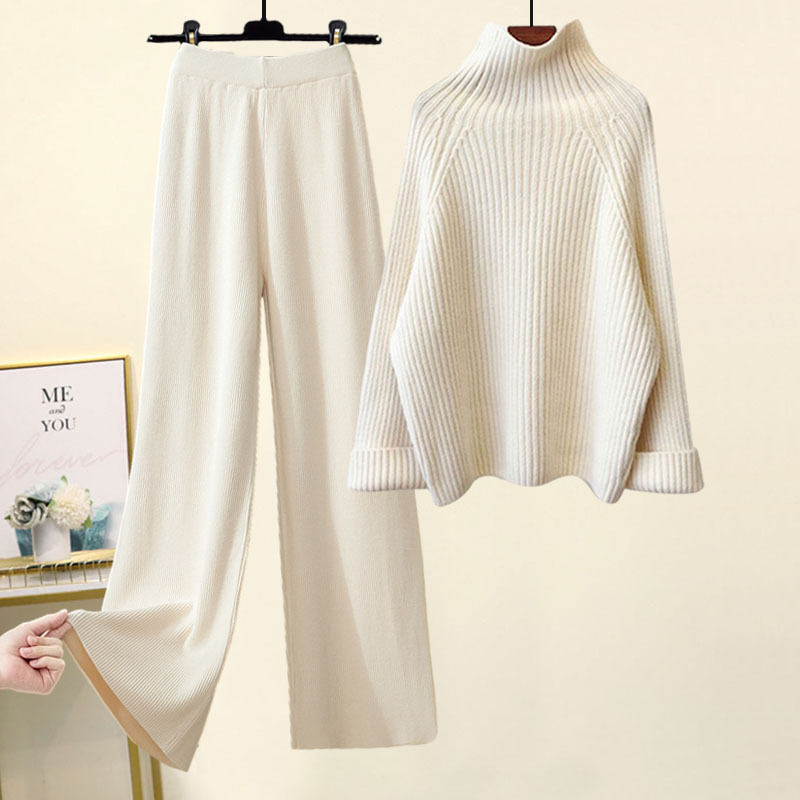 Autumn and Winter Women's Clothing 2025 New Stylish High-Neck Lazy Style Sweater Paired with Casual Drapey Wide-Leg Pants Two-Piece Set