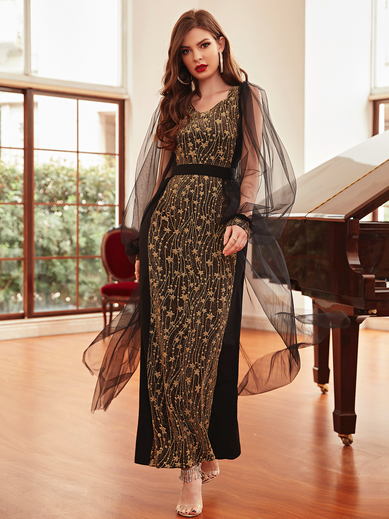 High elastic gold jacquard knitted mesh sleeves design dress long skirt party dress_autovado.com