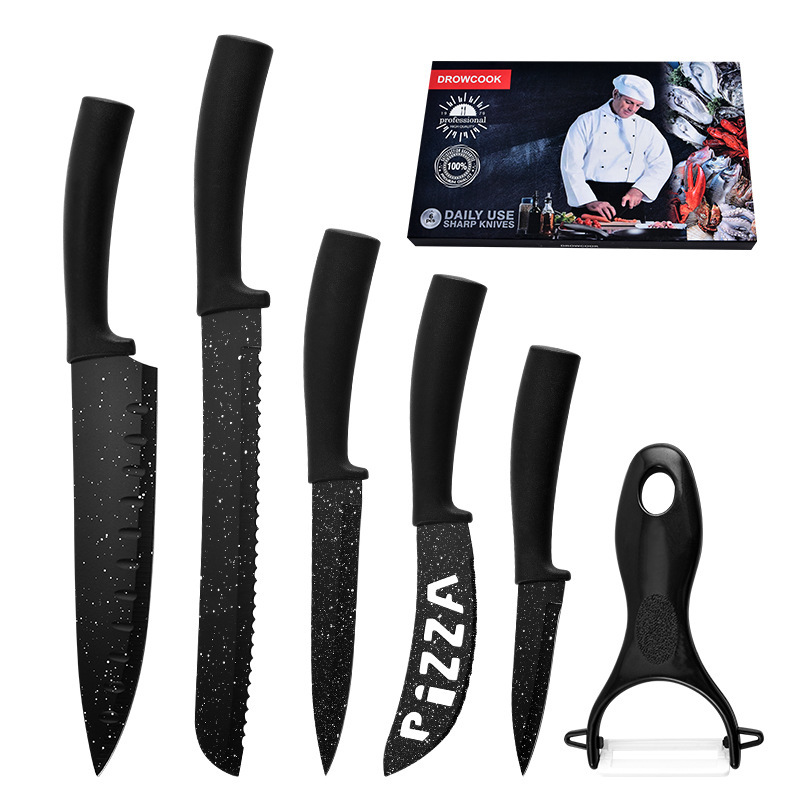 Cuchillo de pintura en aerosol de acero inoxidable de piedra médica Juego de seis piezas Cuchillo de chef Cuchillo de queso hueco Juego de cuchillos de regalo Pizza