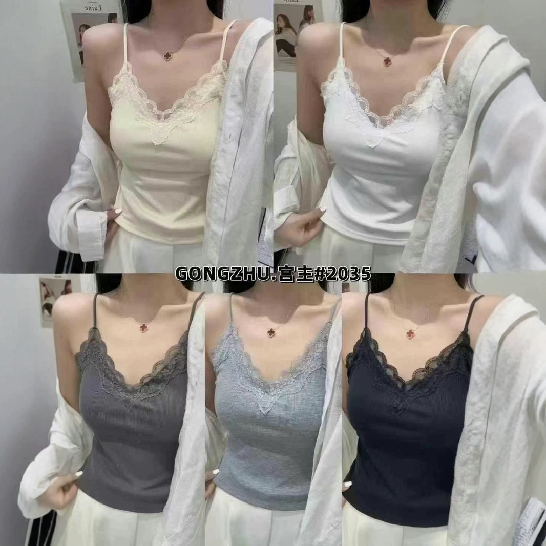 2035 Tencel Bamboo Cotton French Ribbed Lace Camisole with Built-In Anti-Exposure Outerwear Integrated Solid