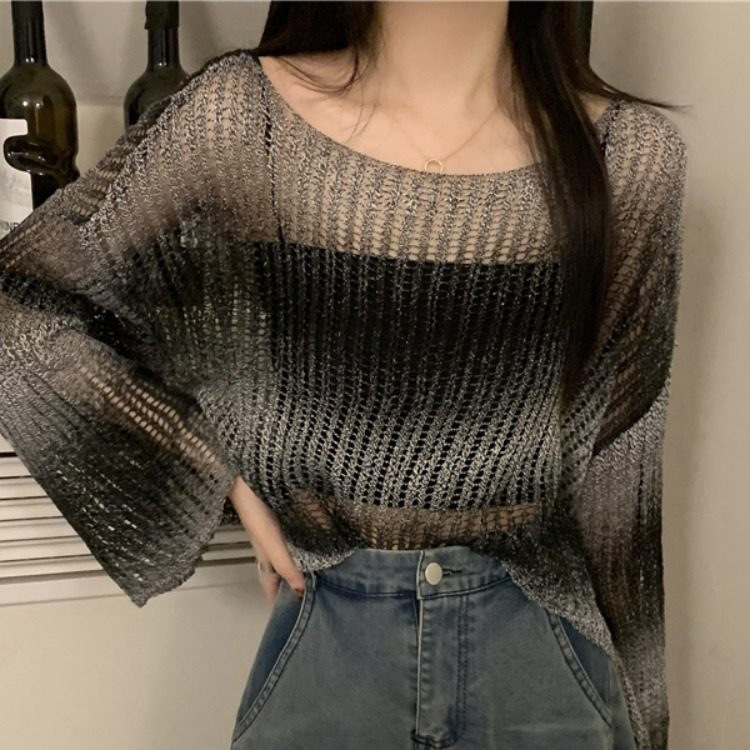 Gradient Color Spicy Girl Short Hollow-Out Thin Knit Top for Women, Summer Lazy Style Casual Loose Sun Protection Cover-Up Gradient Color Spicy Girl Short Hollow-Out Thin Knit Top for Women, Summer Lazy Style Casual Loose Sun Protection Cover-Up