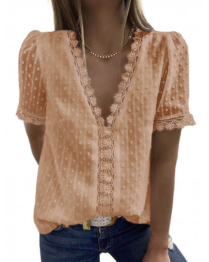 lace jacquard short-sleeved casual shirt  NSAXE43924