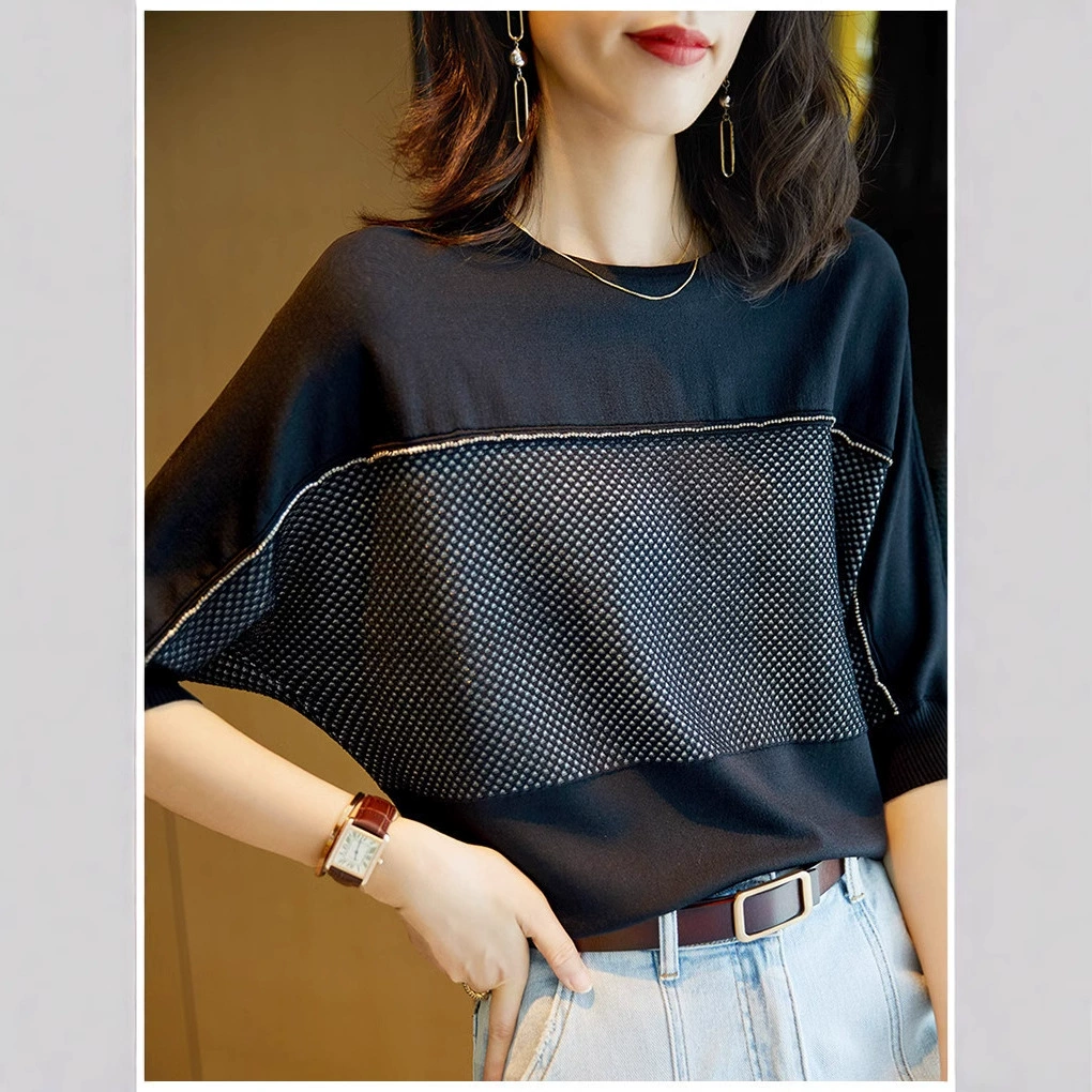 Женская трикотажная футболка Boshi Li с рукавами «летучая мышь» в стиле пэчворк, свободная, с коротким рукавом, новинка лета 2025, топ больших размеров