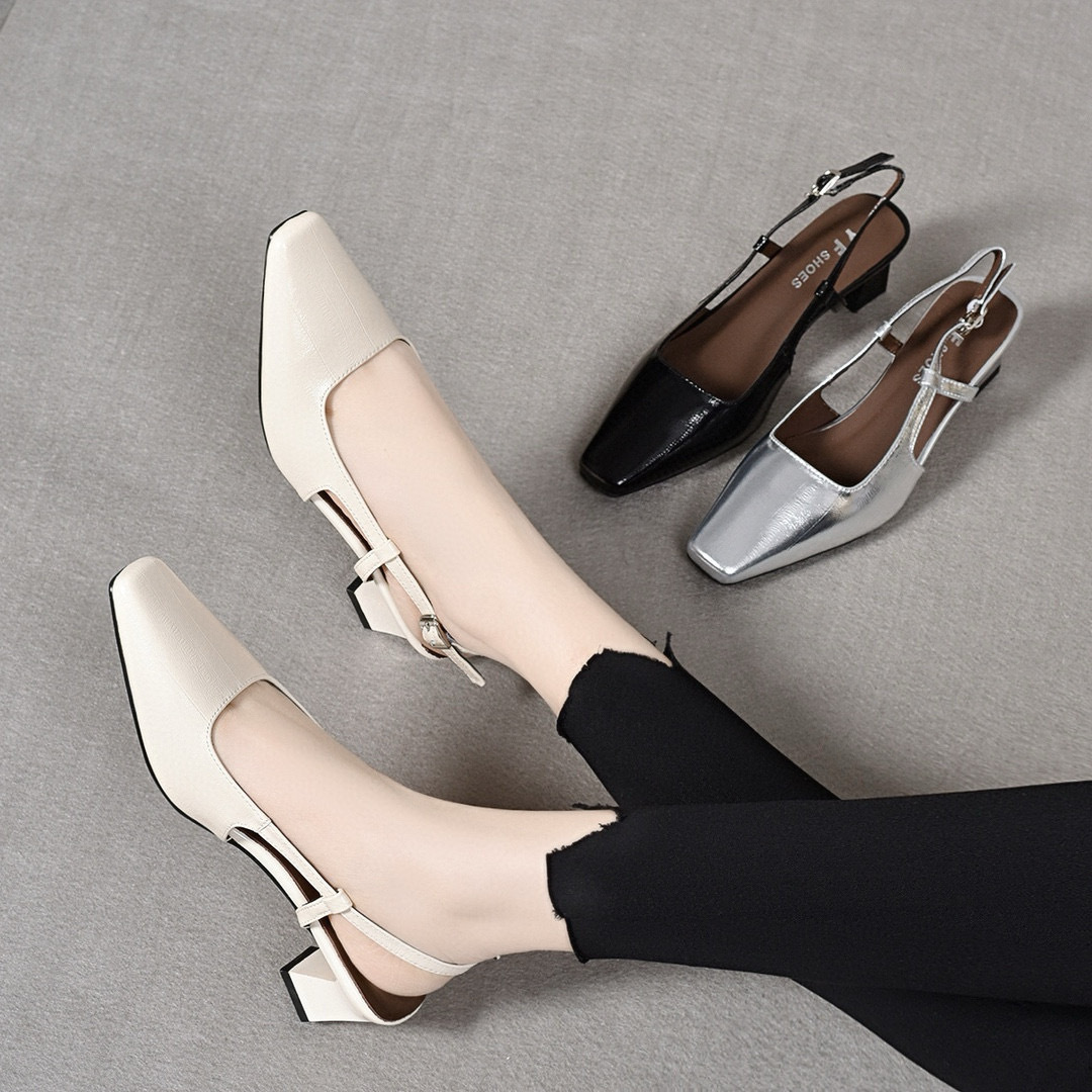 Sandal nữ quai ngang gót vuông da thật mũi vuông hở gót — màu be chi tiết 1