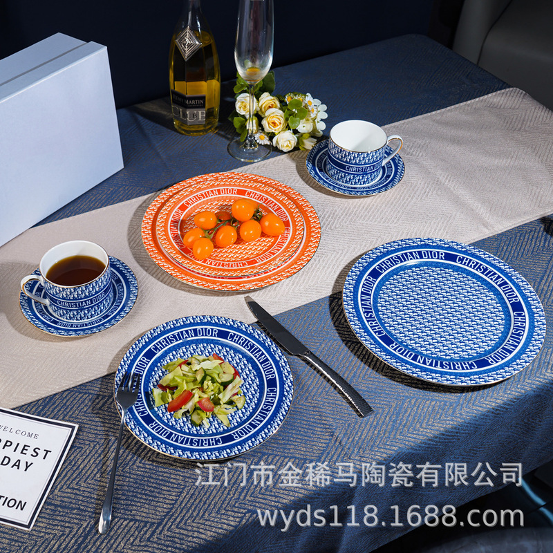 Chinese Tray, Star Hotel Supplies, Ceramic Tableware, High-End Light Luxury Porcelain Plate, Houndstooth Coffee Cup and Saucer Set