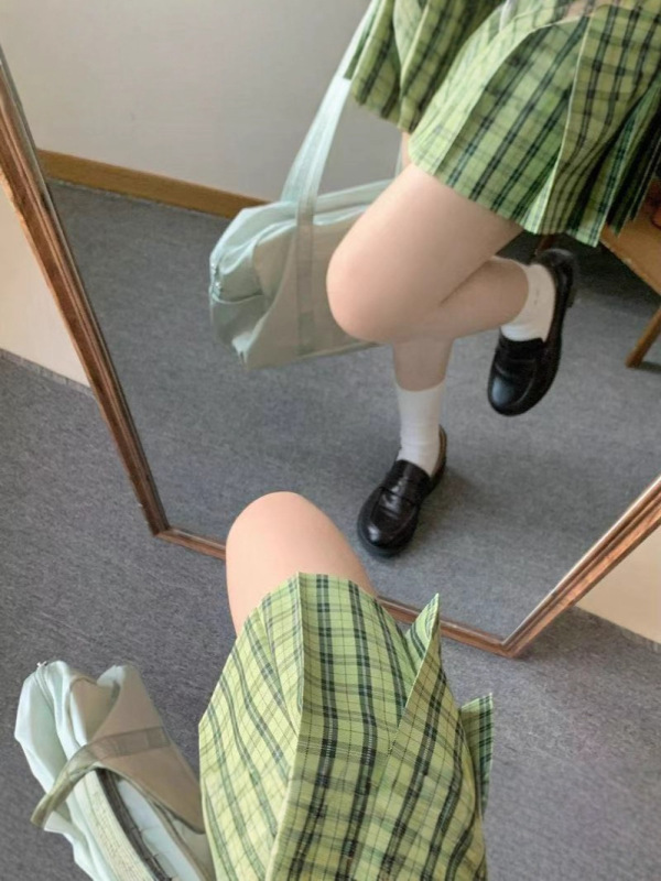 【小青梅】日系jk制服原创正版高腰半身裙学生校供学院风绿色格裙|undefined