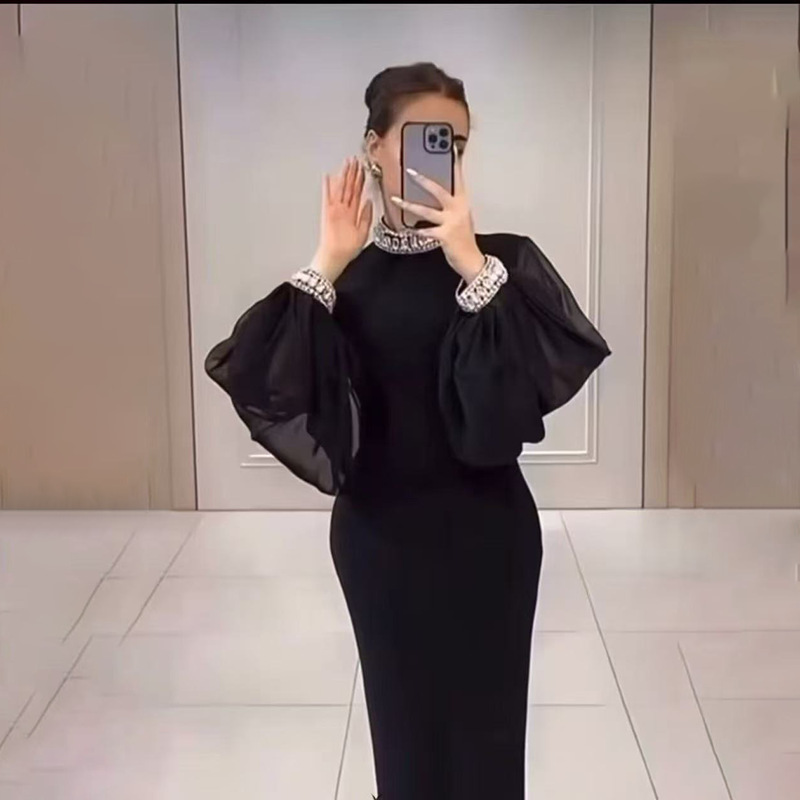 European and American Cross-border New Style Sexy Mesh Long-sleeved Vertical Collar Luxury Diamond Decoration Slim-fit Socialite Style Bandage dress Dress