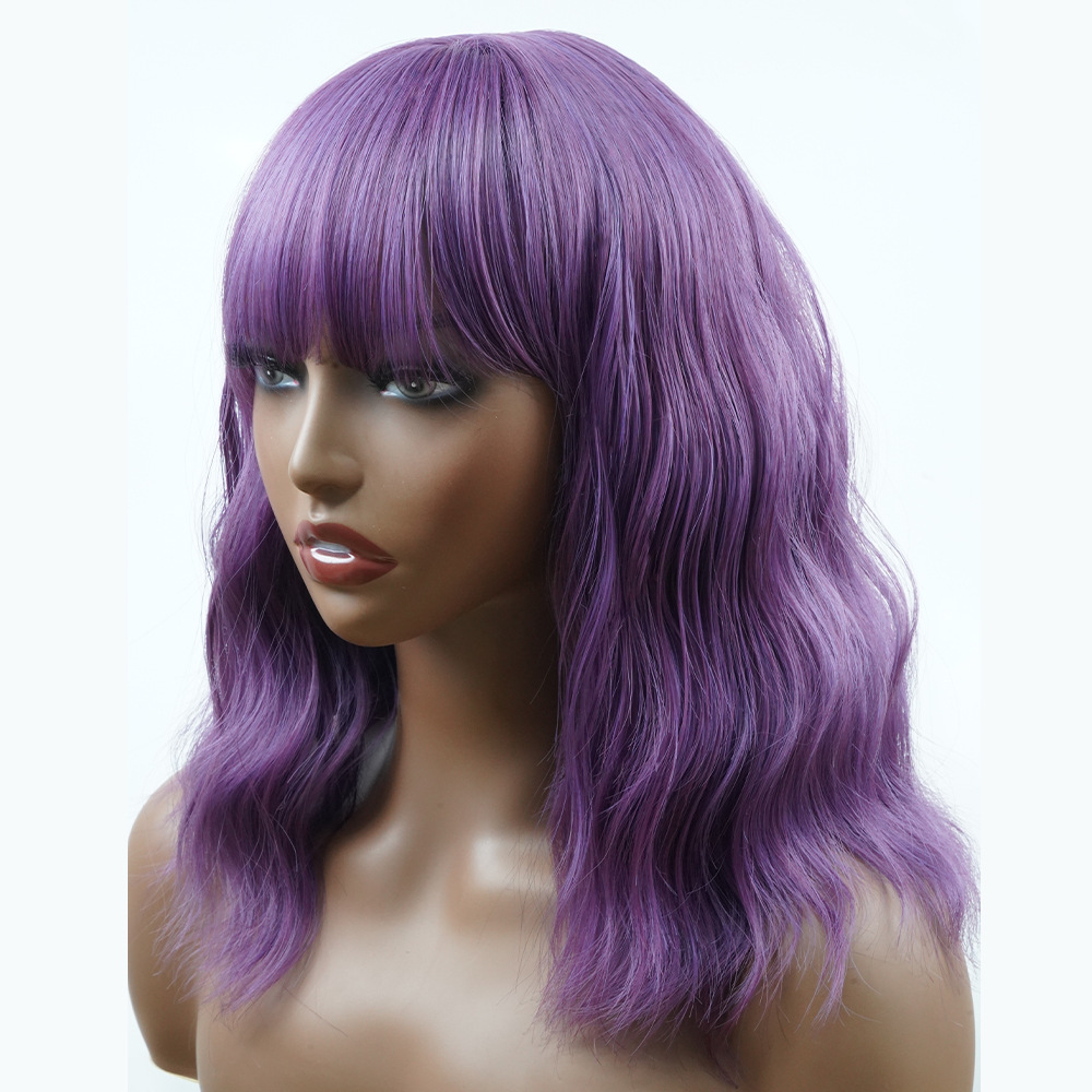 Wholesale cross-border foreign trade chemical fiber headgear, mechanism-parted purple water ripple short curly hair with bangs and bob wigs_voghion.com