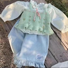 韓版小清新春裝綠色針織毛衣兩件套新款洋氣出遊女寶寶甜美春裝