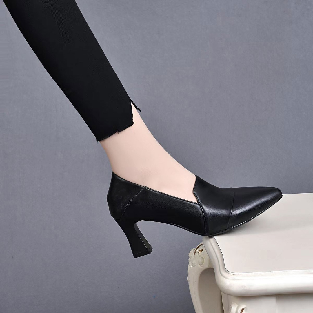 Giày cao gót nữ da thật mũi nhọn gót vuông 7 cm — Kaki 7 cm