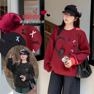 K2902 Autumn and Winter Plus Size Women's Angela Red Velvet Sweatshirt Bow Slightly Fat Girl's Top Sweatshirt