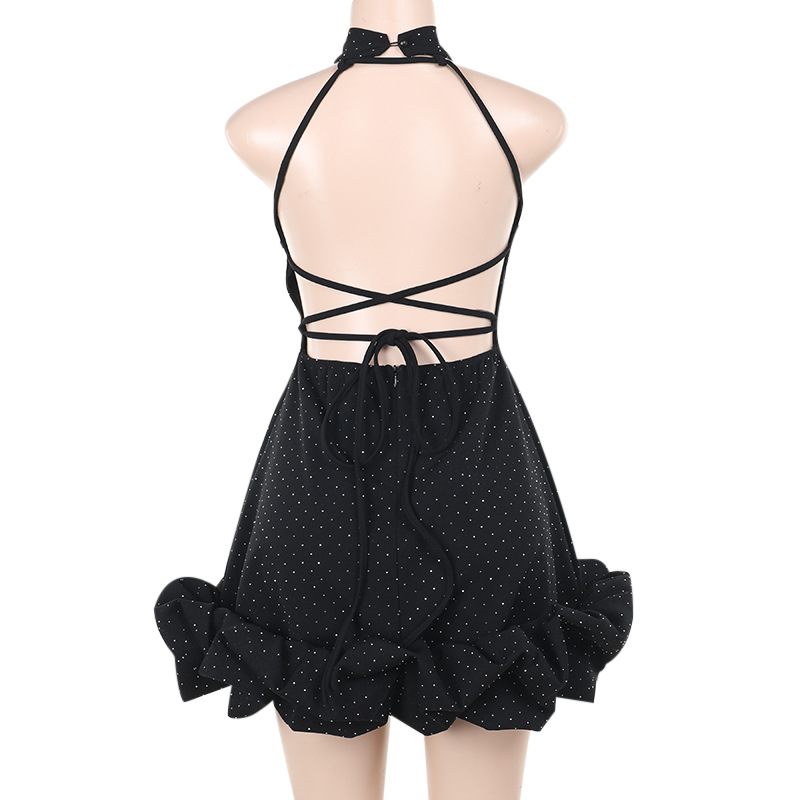 Autumn Elegant Sexy Slim Fit Rhinestone Halter Sleeveless A line Dress Women