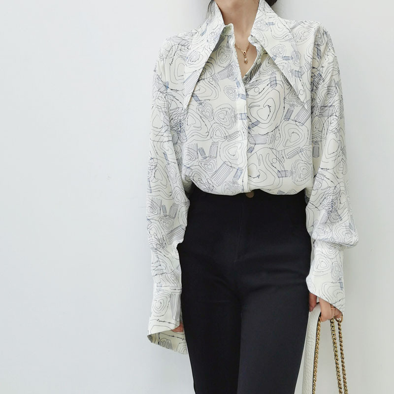 Special Offer: French-Style Pointed Collar Blue Line Graffiti Sand-Washed Silk Shirt for Women, Mid-Length Mulberry Silk Blouse Special Offer: French-Style Pointed Collar Blue Line Graffiti Sand-Washed Silk Shirt for Women, Mid-Length Mulberry Silk Blouse