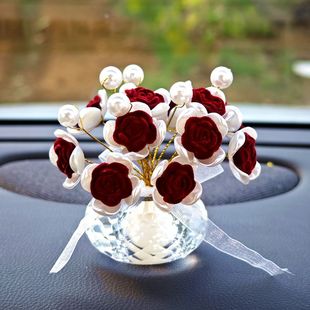 Crystal Flower Car Ornaments, Romantic Flocked Pearl Roses, Car Table Setting, Ladies' Gypsophila Car Interior Accessories