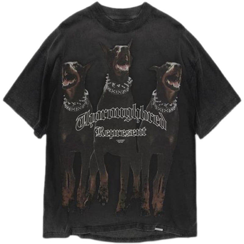 Represrep杜賓犬水洗いして古いアメリカのファッションブランドのヴィンテージのレトロなサメの半袖のtシャツの男をします。|undefined
