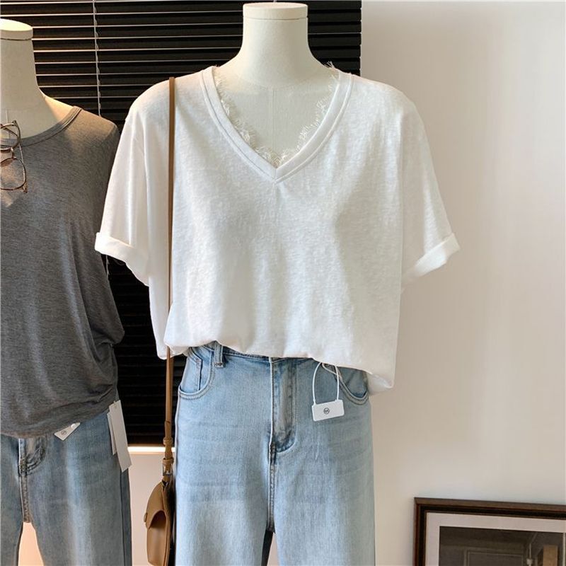 Lace V-neck Snowflake Cotton Linen Short-sleeved T-shirt Women's Summer Thin Design Sense Niche Loose Casual T-shirt Top