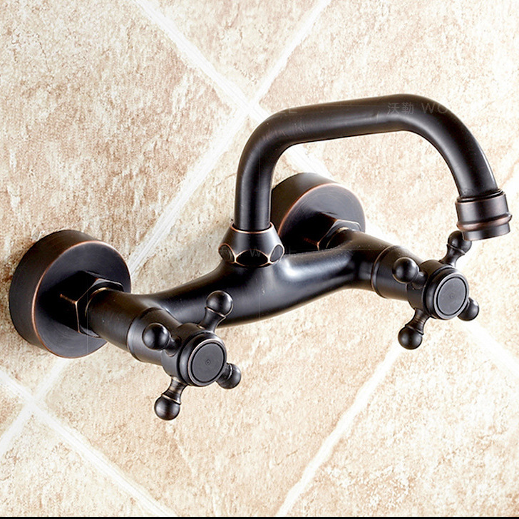Wall-mounted faucet brass European-style antique basin faucet kitchen hot and cold water mixing faucet rotating wall mount