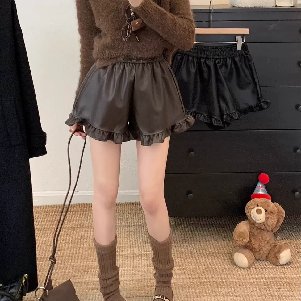 荷叶边pu皮高腰休闲短裤女秋季2025新款宽松显瘦时尚复古百搭热裤