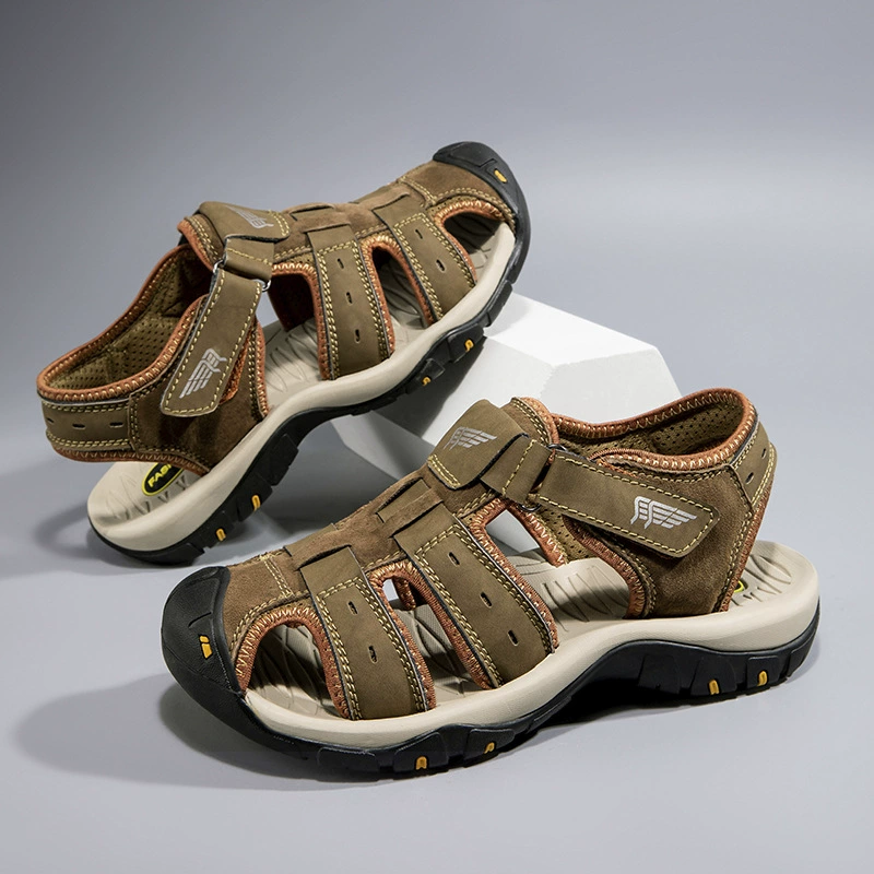 Летние мужские сандалии первый слой кожи повседневная уличная пляжная обувь трансграничный большой размер дышащая липучка