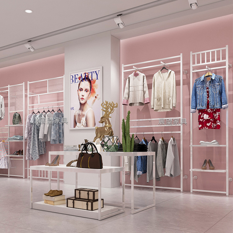 Ropa estante de exhibición montado en la pared ropa de hombres y mujeres combinación multifuncional decoración de la tienda estante de exhibición estante esencial tienda entera