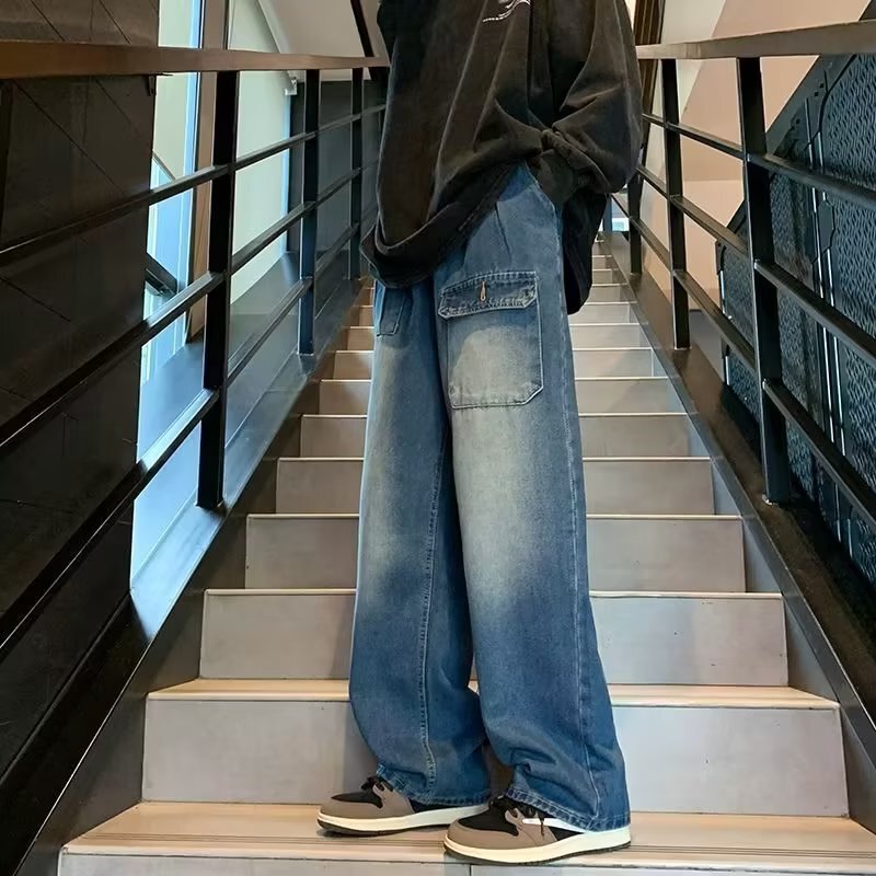 American Style Retro Hip-Hop Washed Large Pocket Jeans Men's and Women's Couple's Loose Straight Wide Leg Couple's Dad Pants American Style Retro Hip-Hop Washed Large Pocket Jeans Men's and Women's Couple's Loose Straight Wide Leg Couple's Dad Pants