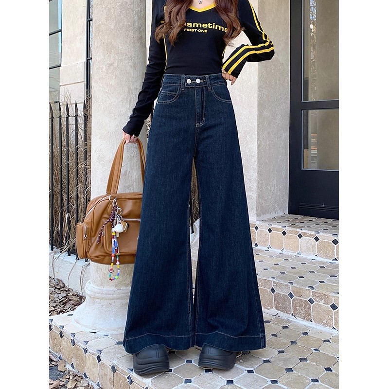 American Retro Wide-Leg Jeans for Women, Autumn New Loose Fashion High-Waisted Slimming Straight-Leg Floor-Length Pants Trendy