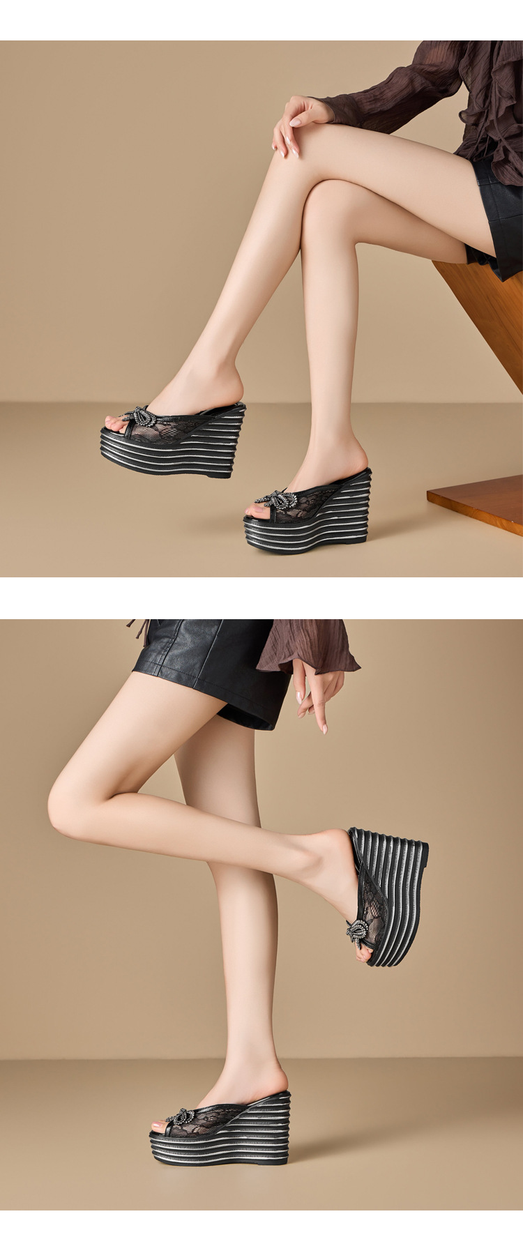 Sandal cao gót nữ đính đá, gót 12 cm, quai ngang nơ voan lưới, đế xuồng — màu đen chi tiết 4