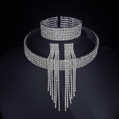 Classic Metal Tassel Rhinestone Bridal Jewelry Three Piece Set Women's Rhinestone Wedding Necklace Earrings Bracelet Set
