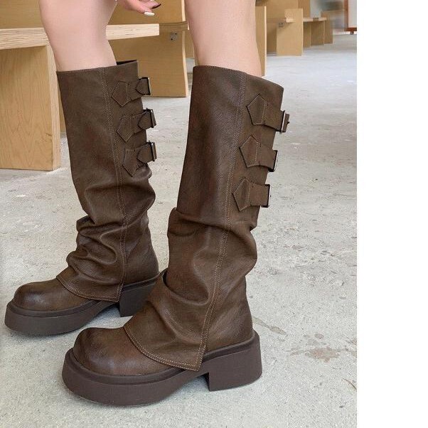 2024 Autumn and Winter Brown Boots Women's Retro Slimming Long Boots All-match Pleated Long Boots Retro Thick-soled High Heel Boots