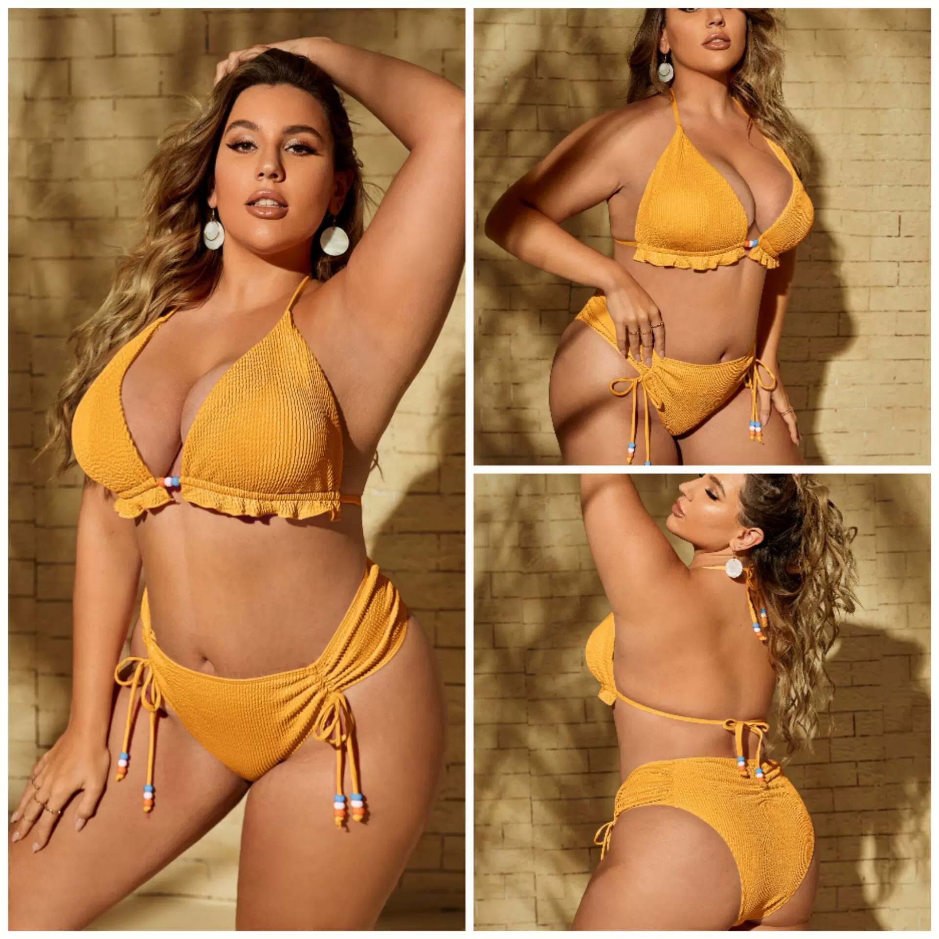 2023新款外贸跨境亚马逊欧美性感露背大码多色分体比基尼女士泳衣