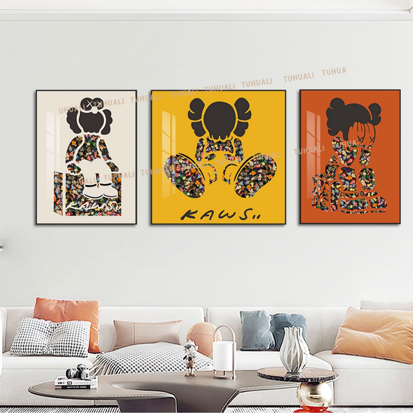 Bloques de construcción de Lego pintura real sala de estar triple pintura decorativa sofá fondo de pared explosivo oso dormitorio niños dibujos animados colgando pintura