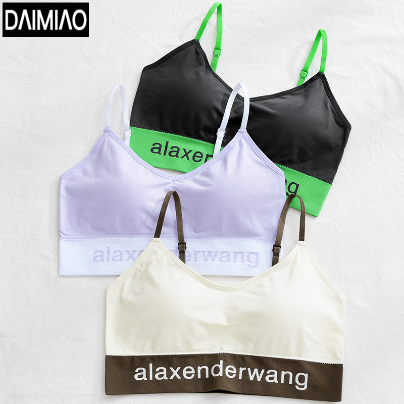 Ice Silk Contrast Color Beautiful Back Underwear Women's Bra No Wire Strap Breast Pad Vest Bottoming Inner Letter Wrap Chest Summer