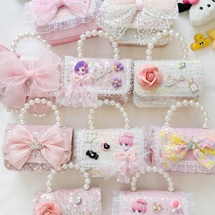 Spring and Summer New Children's Bag Little Girl's Bow Pearl Handbag Western Style Princess Shoulder Crossbody Coin Purse