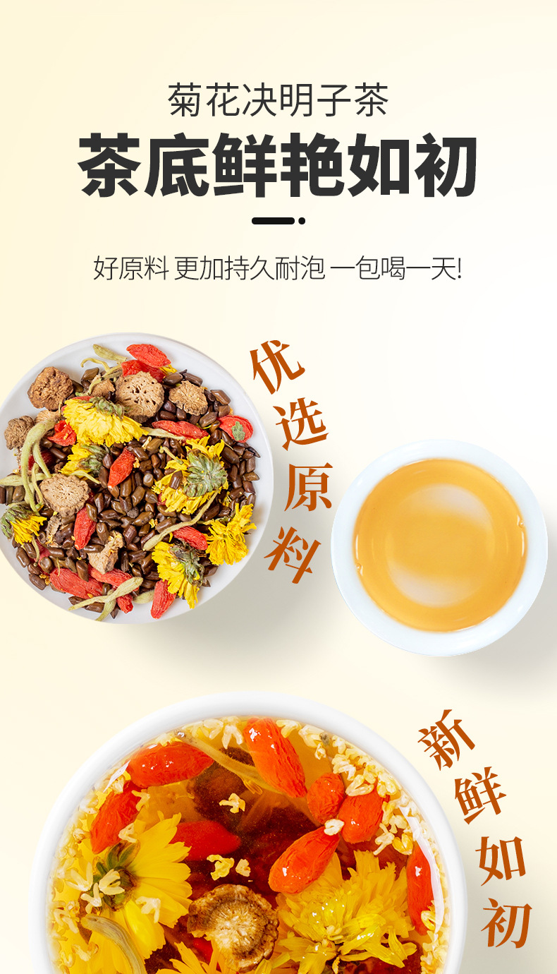 Chrysanthemum Cassia Seed Tea Bags with Goji Berry Honeysuckle Burdock Herbal Blend Sugar Free 100g Gift Box quality and texture