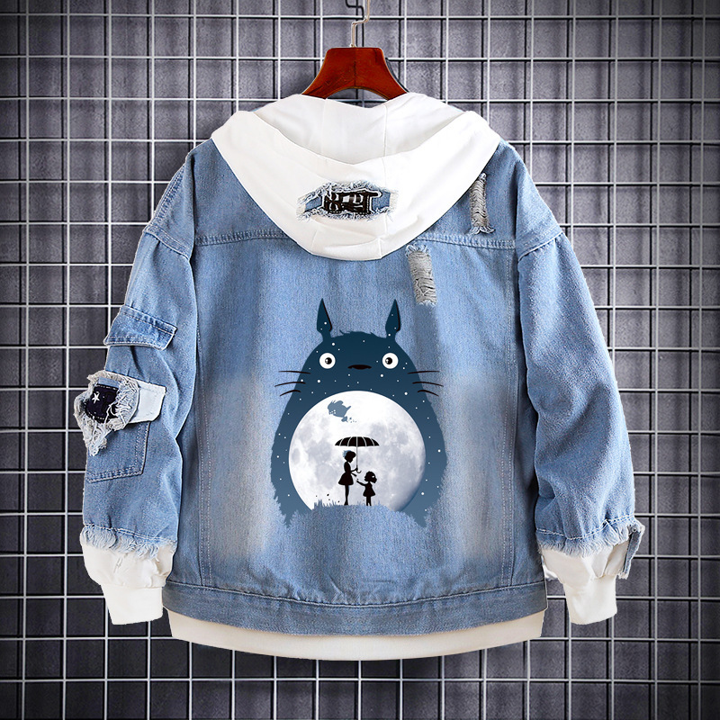 My Neighbor Totoro Anime Hayao Miyazaki Denim Sweatshirt Two-Dimensional Peripheral Trendyy Loose Casual Denim Jacket Clothes for Men and Women