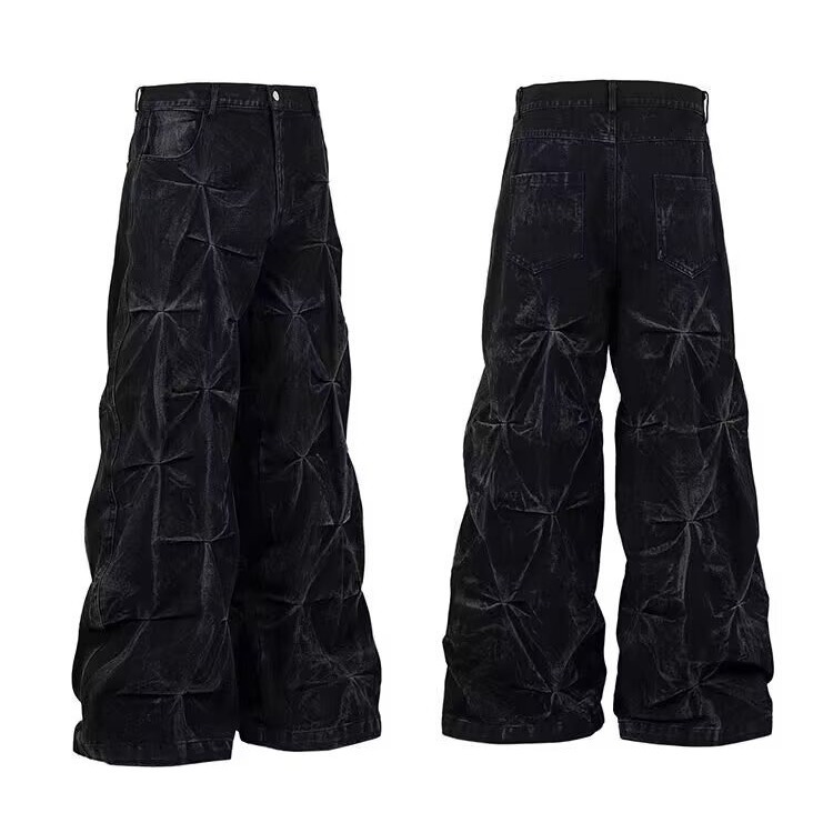 Jeans neri plissettati stile retrò da uomo, pantaloni a gamba larga, vestibilità ampia, stile street americano, marchio di tendenza di nicchia._voghion.com