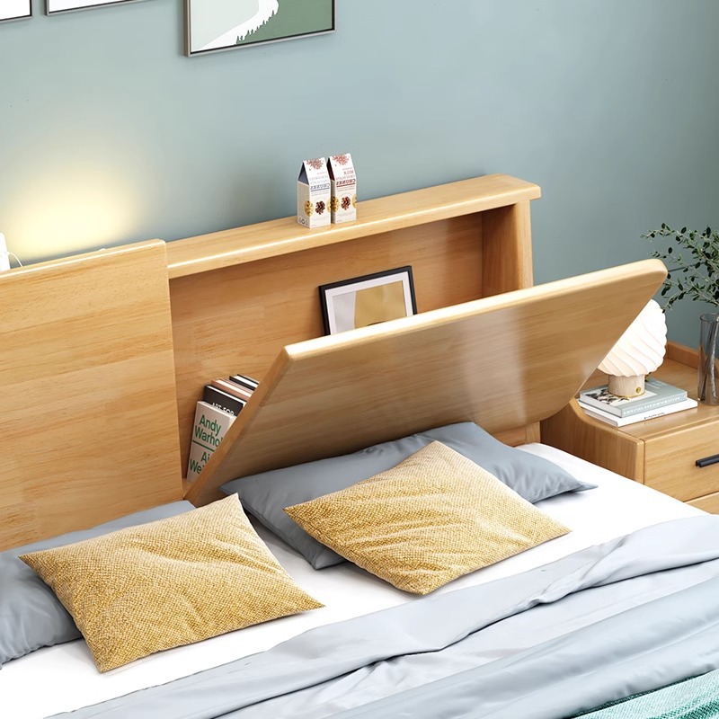 Cama de madera sólida nórdica de 1,5 m cabezal de cama de cabecera de cama de almacenamiento de 1,8 m dormitorio cama doble pequeña cama de alquiler